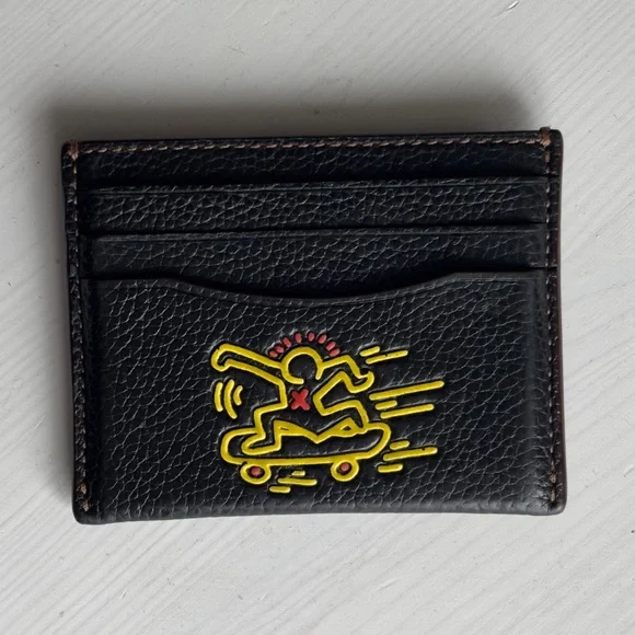 RARE COACH X KEITH HARING SKATEBOARD SLIM CARD HOLDER BLACK LEATHER